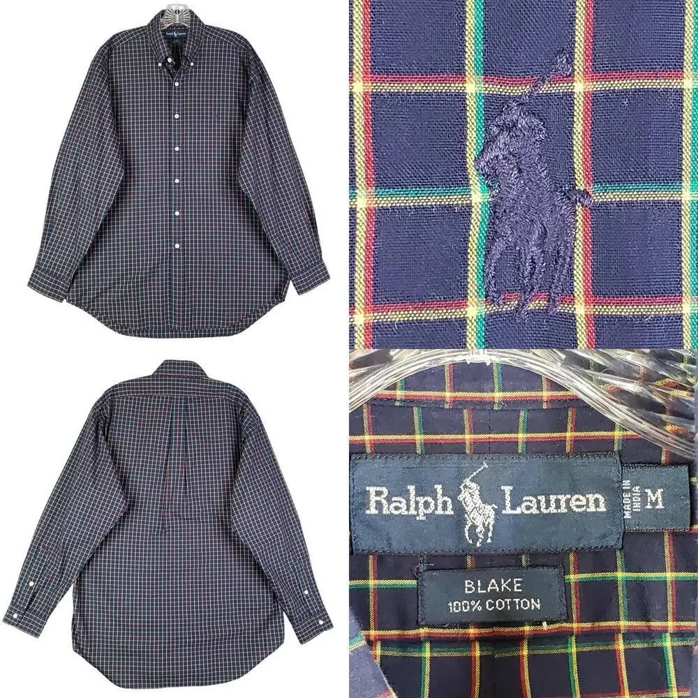 Polo Ralph Lauren Oxford Shirt Men's Medium M Navy Blue Plaid LS Button Down